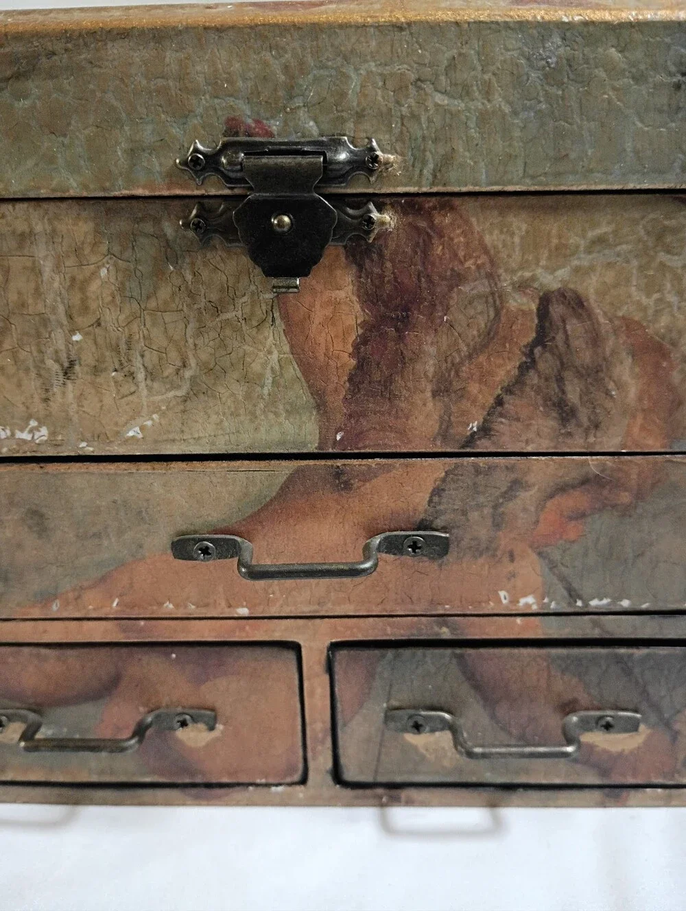 Mid Century Cherub Wooden Jewelry Chest Trinket Box Hollywood Regency Chic
